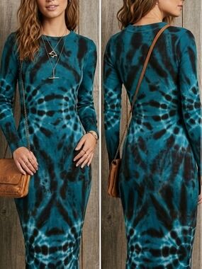 On The Road Teal & Black Tie-Dye Long Sleeve Maxi Dress